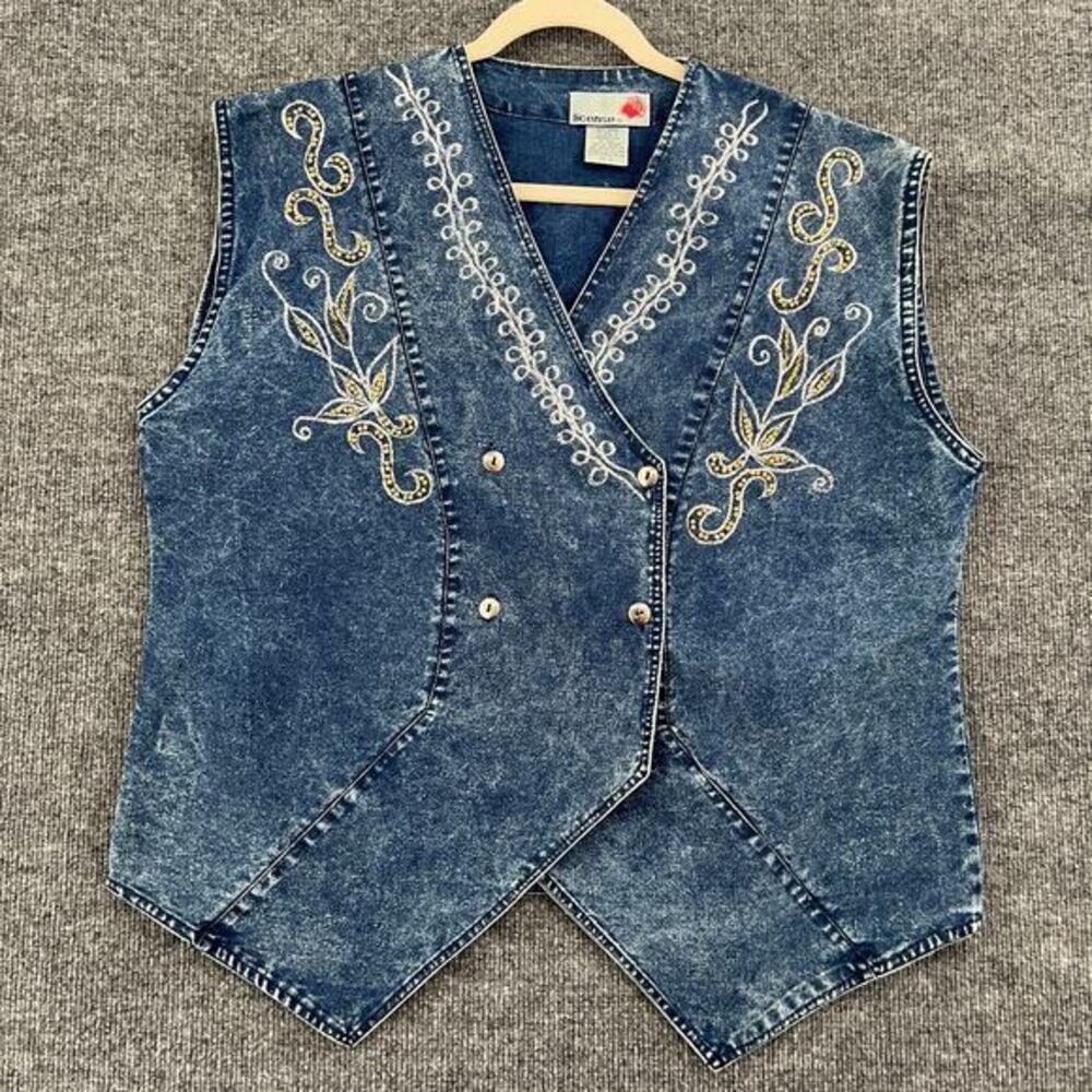 Vintage License Womens Denim Vest Size L Embellished Acid Wash Double Breasted